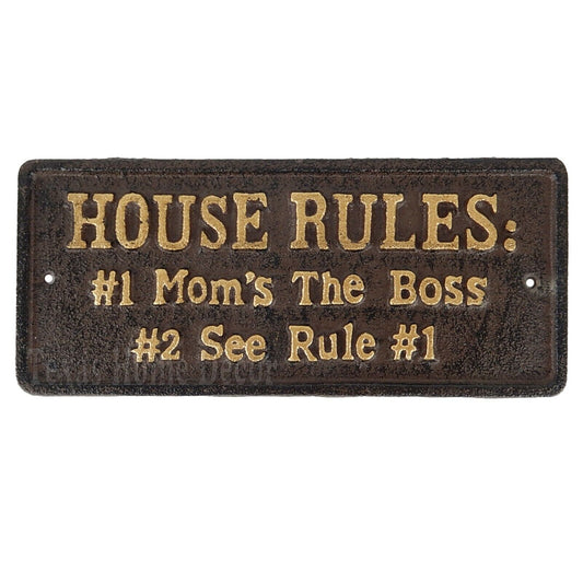 House Rules Wall Plaque Mom Sign "Mom's The Boss" Cast Iron Brown Gold 8 1/2"