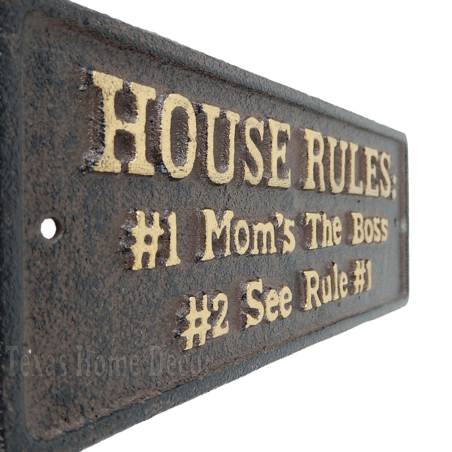 House Rules Wall Plaque Mom Sign "Mom's The Boss" Cast Iron Brown Gold 8 1/2"