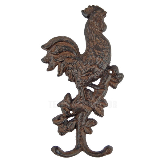 Rooster on Tree Double Wall Hook Cast Iron Coat Towel Hanger Country Western