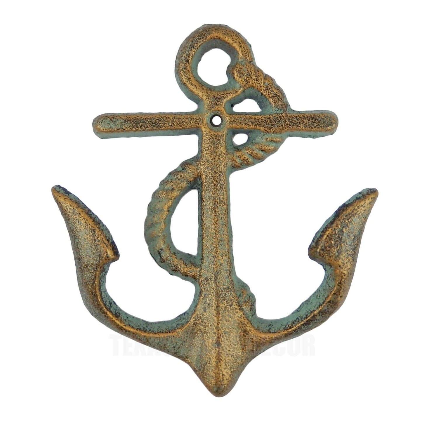 Anchor Rope Double Wall Hook Cast Iron Coat Towel Hanger Nautical Verdigris Gold