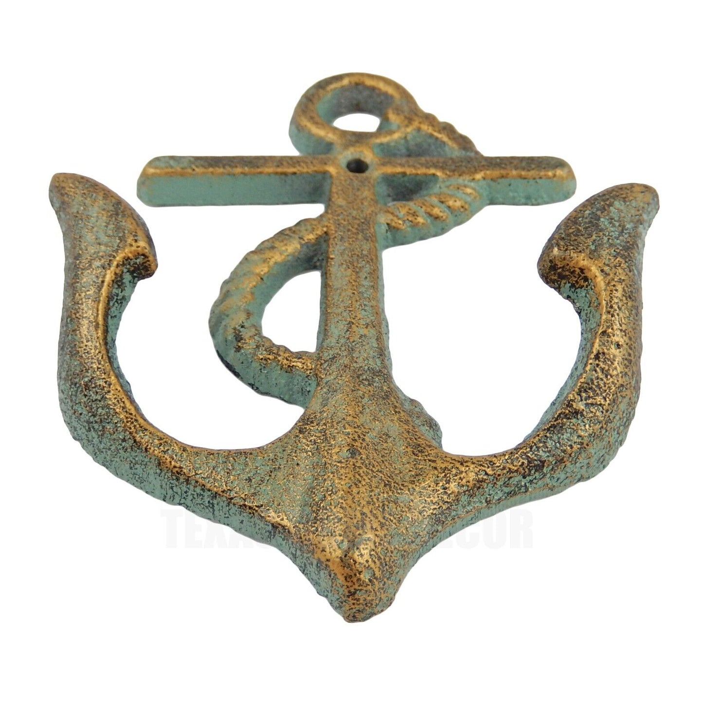 Anchor Rope Double Wall Hook Cast Iron Coat Towel Hanger Nautical Verdigris Gold