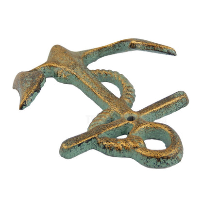 Anchor Rope Double Wall Hook Cast Iron Coat Towel Hanger Nautical Verdigris Gold