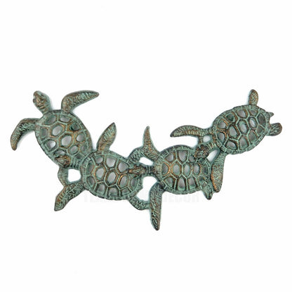 Sea Turtles Wall Decor Plaque Cast Iron Aquatic Nautical Beach Verdigris 16 1/4"