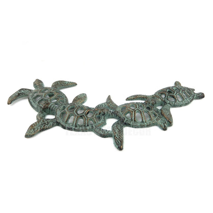 Sea Turtles Wall Decor Plaque Cast Iron Aquatic Nautical Beach Verdigris 16 1/4"