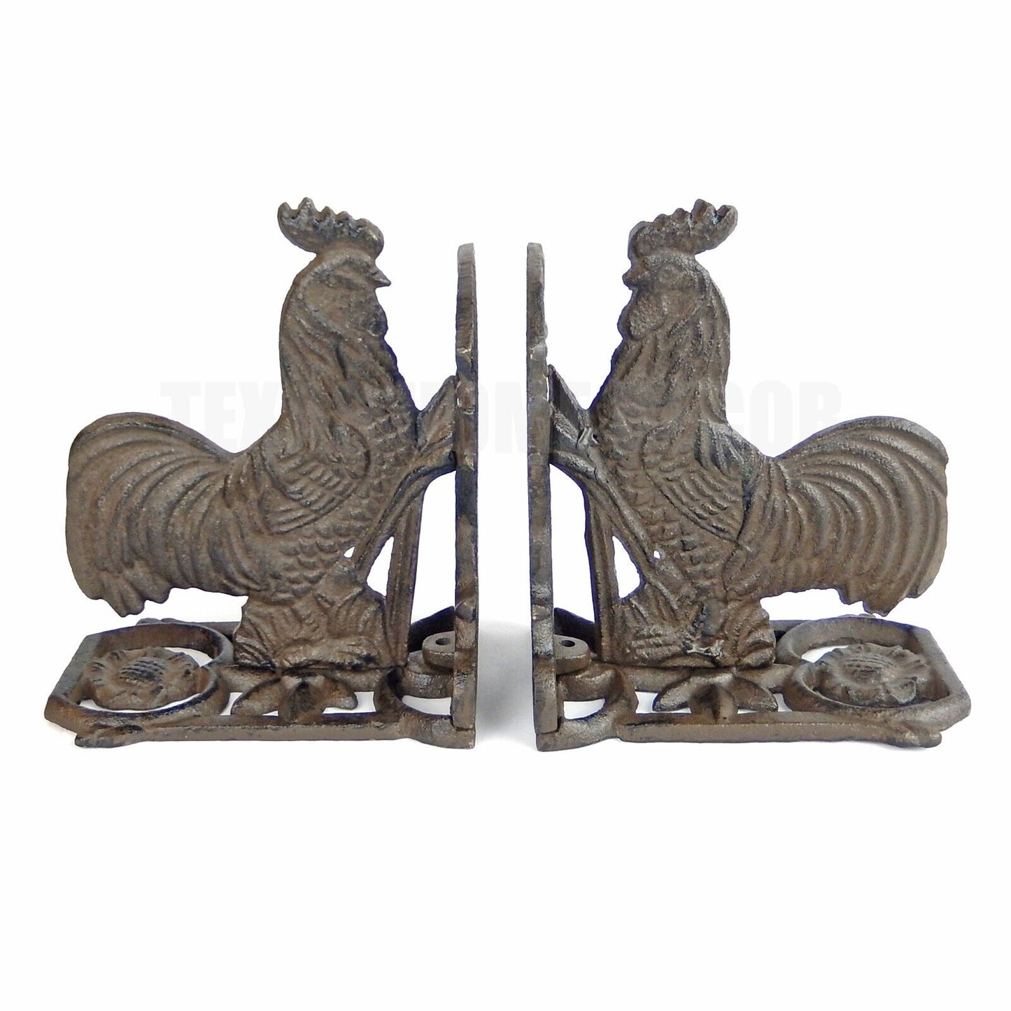 Cast Iron Rooster Bookends Set Floral Accents Western Antique Style (Pack of 2)