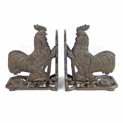 Cast Iron Rooster Bookends Set Floral Accents Western Antique Style (Pack of 2)