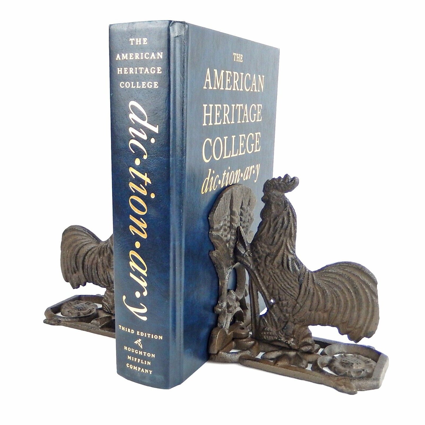 Cast Iron Rooster Bookends Set Floral Accents Western Antique Style (Pack of 2)