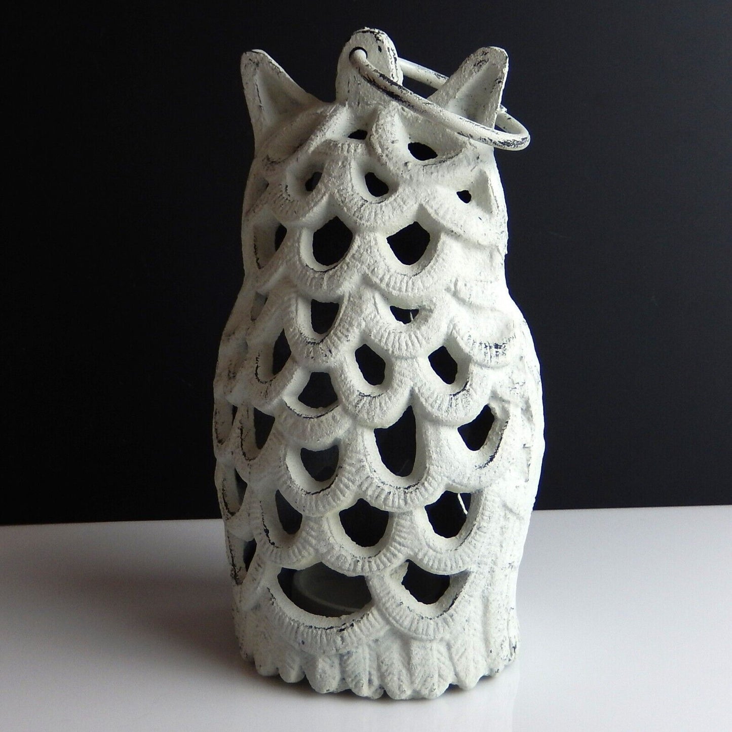 Cast Iron Owl Lantern Candle Holder with Handle Antique White Heavy Duty 7.5"