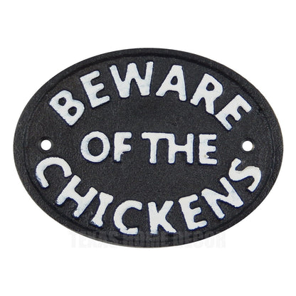 Beware of The Chickens Cast Iron Plaque Sign Wall Mounted Black & White 4 3/4 in