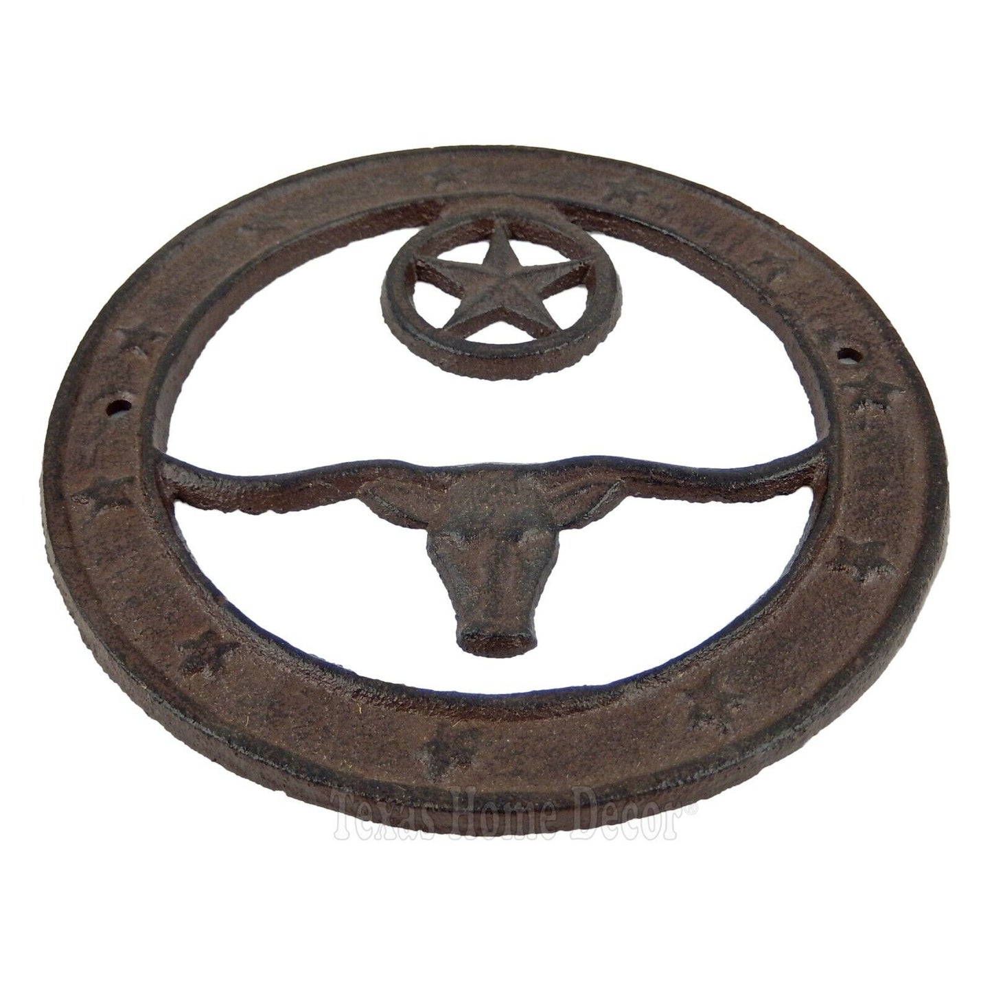 Longhorn Star Sign Plaque Circle Cast Iron Rustic Western Texas Decor 6.5 inch