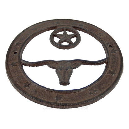 Longhorn Star Sign Plaque Circle Cast Iron Rustic Western Texas Decor 6.5 inch