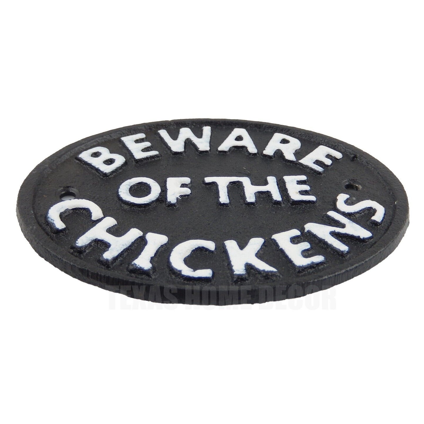 Beware of The Chickens Cast Iron Plaque Sign Wall Mounted Black & White 4 3/4 in