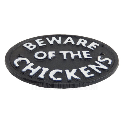 Beware of The Chickens Cast Iron Plaque Sign Wall Mounted Black & White 4 3/4 in