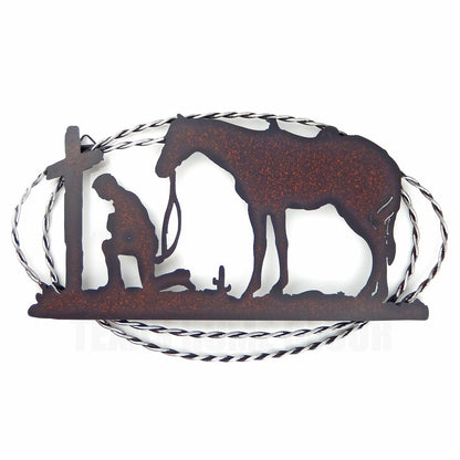 Praying Cowboy Kneeling at Cross with Horse Rustic Metal Western Wall Decor