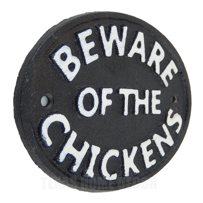 Beware of The Chickens Cast Iron Plaque Sign Wall Mounted Black & White 4 3/4 in