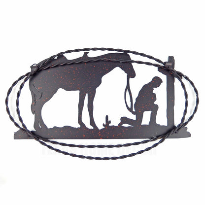 Praying Cowboy Kneeling at Cross with Horse Rustic Metal Western Wall Decor