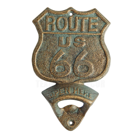 Cast Iron US Route 66 Beer Bottle Opener Wall Mounted Rustic Verdigris Finish