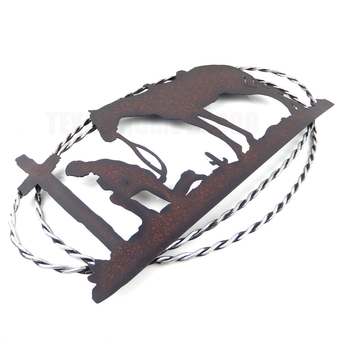 Praying Cowboy Kneeling at Cross with Horse Rustic Metal Western Wall Decor