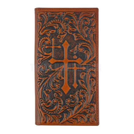 Western Men's Rodeo Wallet Bi-Fold Genuine Brown Leather Tooled Crosses Leaf