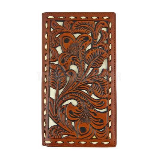 Western Rodeo Wallet Bi-Fold Genuine Brown Leather Tooled Leaf Thick Stitching