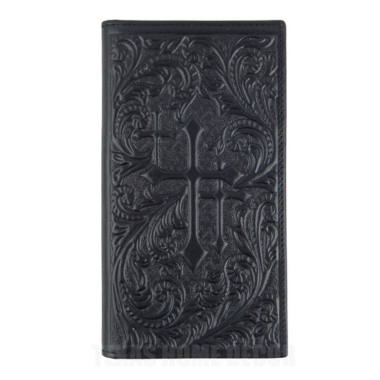 Western Men's Rodeo Wallet Bi-Fold Genuine Black Leather Tooled Crosses Leaf