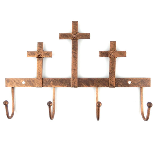 Three Crosses Key Rack Wall Hook Hanger With Four Hooks Tin Metal Copper Finish