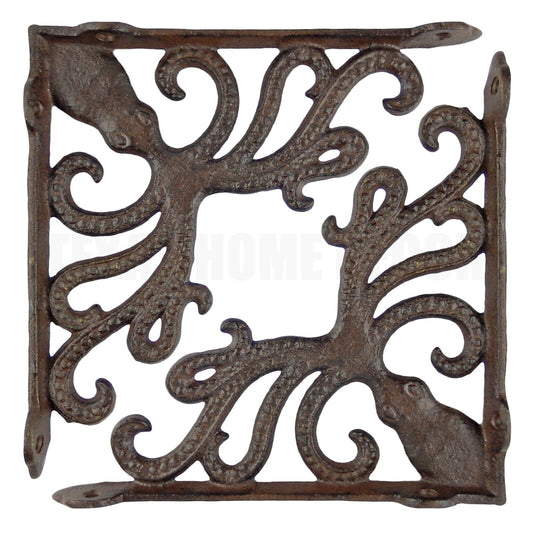 2 Octopus Cast Iron Shelf Brackets Nautical Beach House Braces Rustic Brown