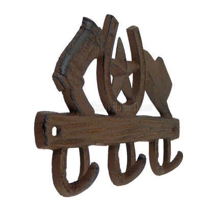 Small Rustic Western Key Rack Holder Hat Horseshoe Boot 3 Hooks Cast Iron