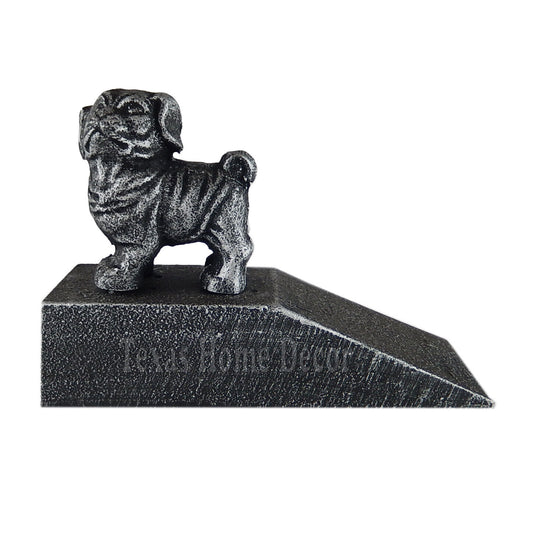 Pug Dog Doorstop Wedge Cast Iron Silver Antique Style Paper Weight Figurine