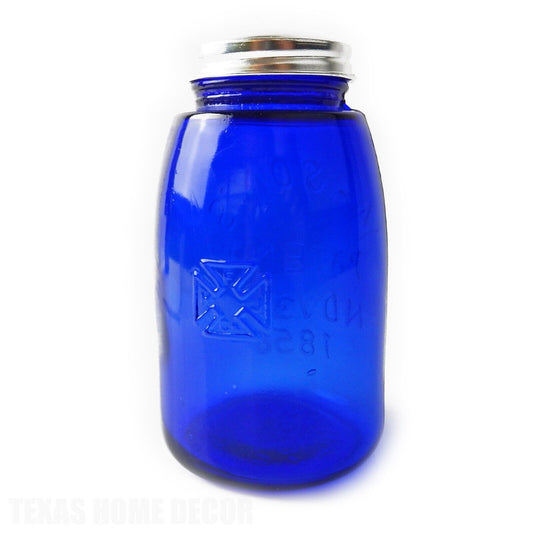 Blue Depression Style Glass Mason Jar Vintage Style Kitchen Canister 5.5" Tall