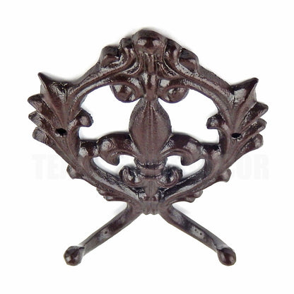 Fleur De Lis Scroll Double Wall Hook Coat Rack Key Towel Brown Cast Iron 6.5"