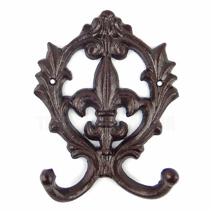 Fleur De Lis Scroll Double Wall Hook Coat Rack Key Towel Brown Cast Iron 6.5"