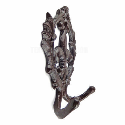 Fleur De Lis Scroll Double Wall Hook Coat Rack Key Towel Brown Cast Iron 6.5"