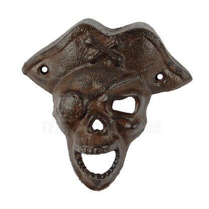 Pirate Skull Beer Bottle Opener Wall Mounted Rustic Brown Cast Iron Nautical Bar