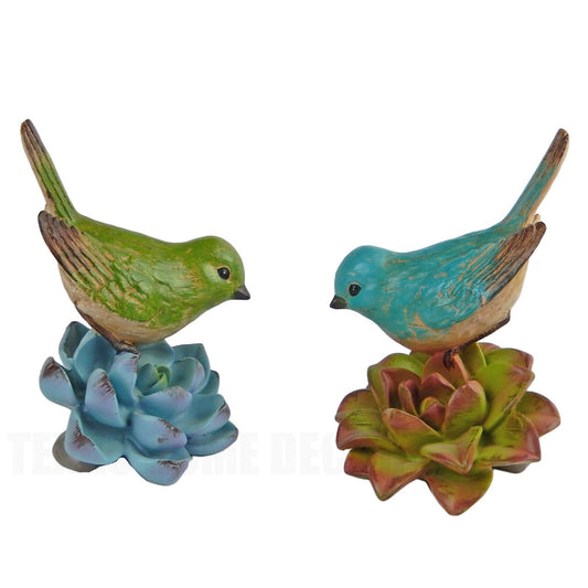 Colorful Perching Birds On Succulent Flower Figurines Hand Painted (Set of 2)