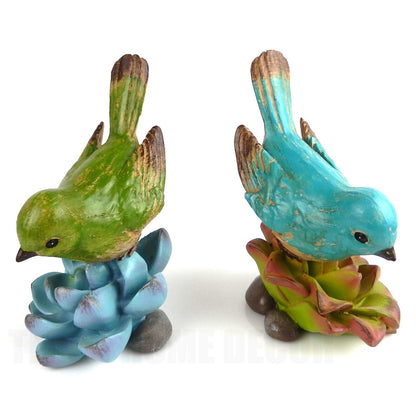 Colorful Perching Birds On Succulent Flower Figurines Hand Painted (Set of 2)