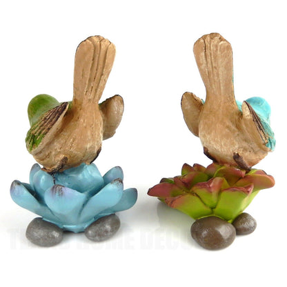 Colorful Perching Birds On Succulent Flower Figurines Hand Painted (Set of 2)