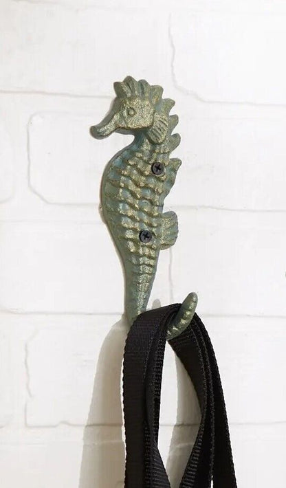 Seahorse Wall Hook Cast Iron Coat Towel Key Hanger Antique Bronze Green 6.5"