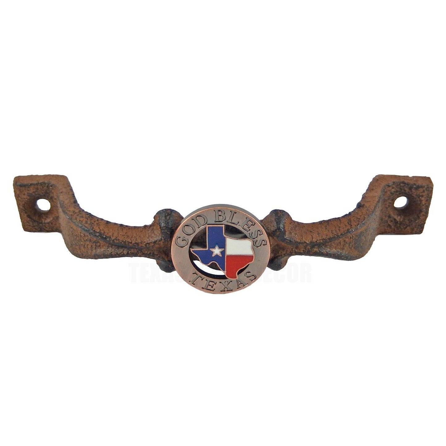 Cast Iron Rustic God Bless Texas Door Handle Pull Flag Map Concho 6 inch