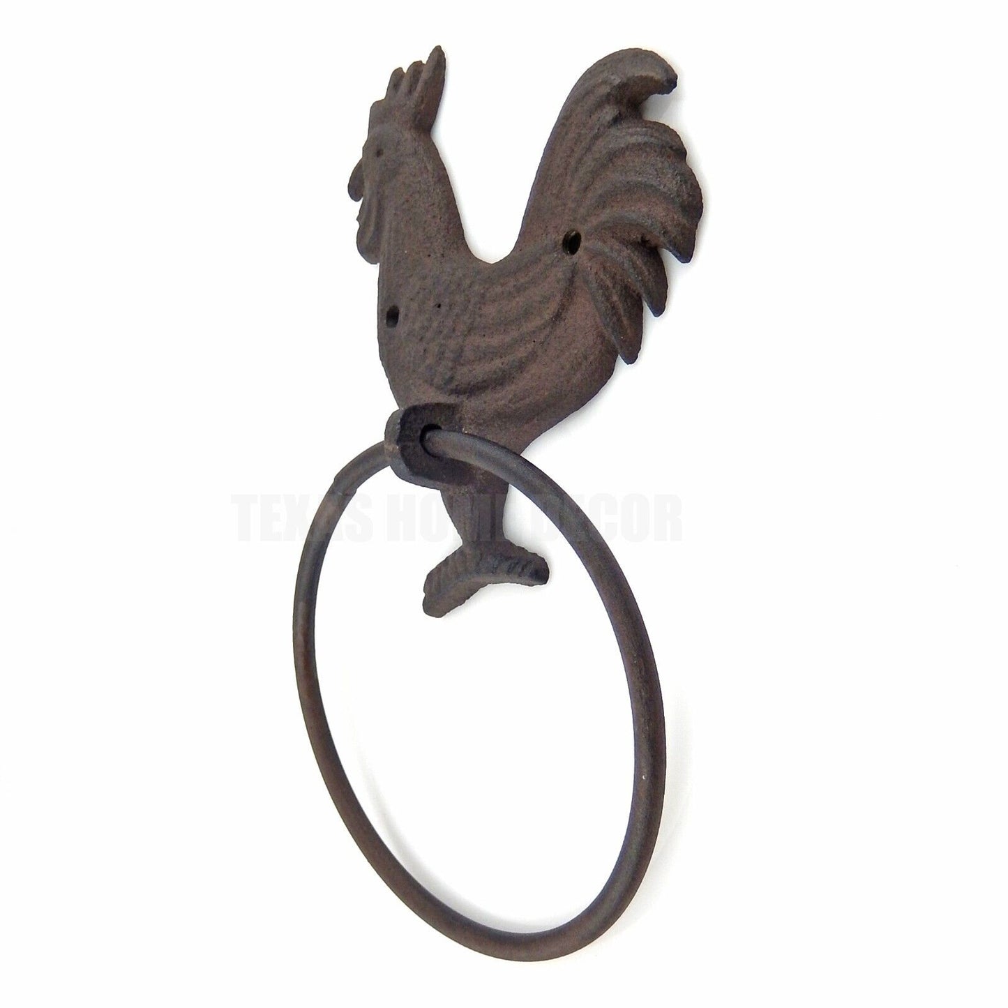 Rooster Hand Towel Ring Wall Hanger Cast Iron Rustic Country Western Decor Brown