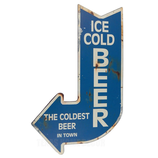 Ice Cold Beer The Coldest Beer In Town Arrow Metal Sign Rustic Bar Decor 22 1/2"
