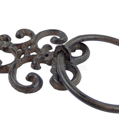 Fleur De Lis Hand Towel Ring Hanger Cast Iron Rustic Victorian Scroll Wall Mount