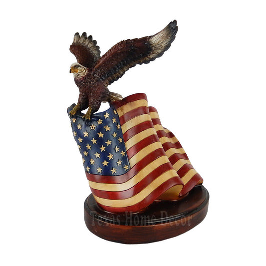 Bald Eagle American Flag Figurine Statue Patriotic Decor Hand Painted Polyresin