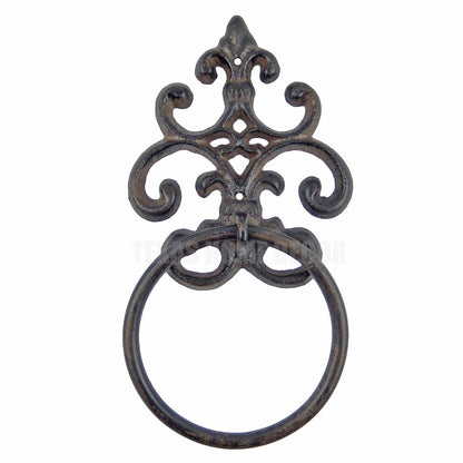 Fleur De Lis Hand Towel Ring Hanger Cast Iron Rustic Victorian Scroll Wall Mount