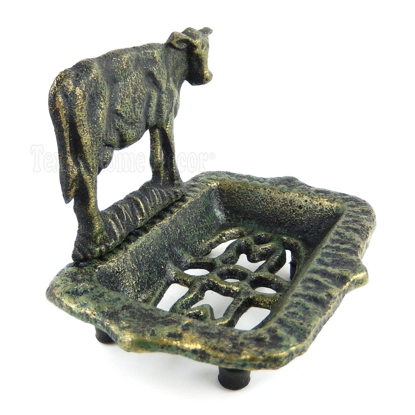 Cow Soap Dish Cast Iron Rustic Country Decor Verdigris Green Gold