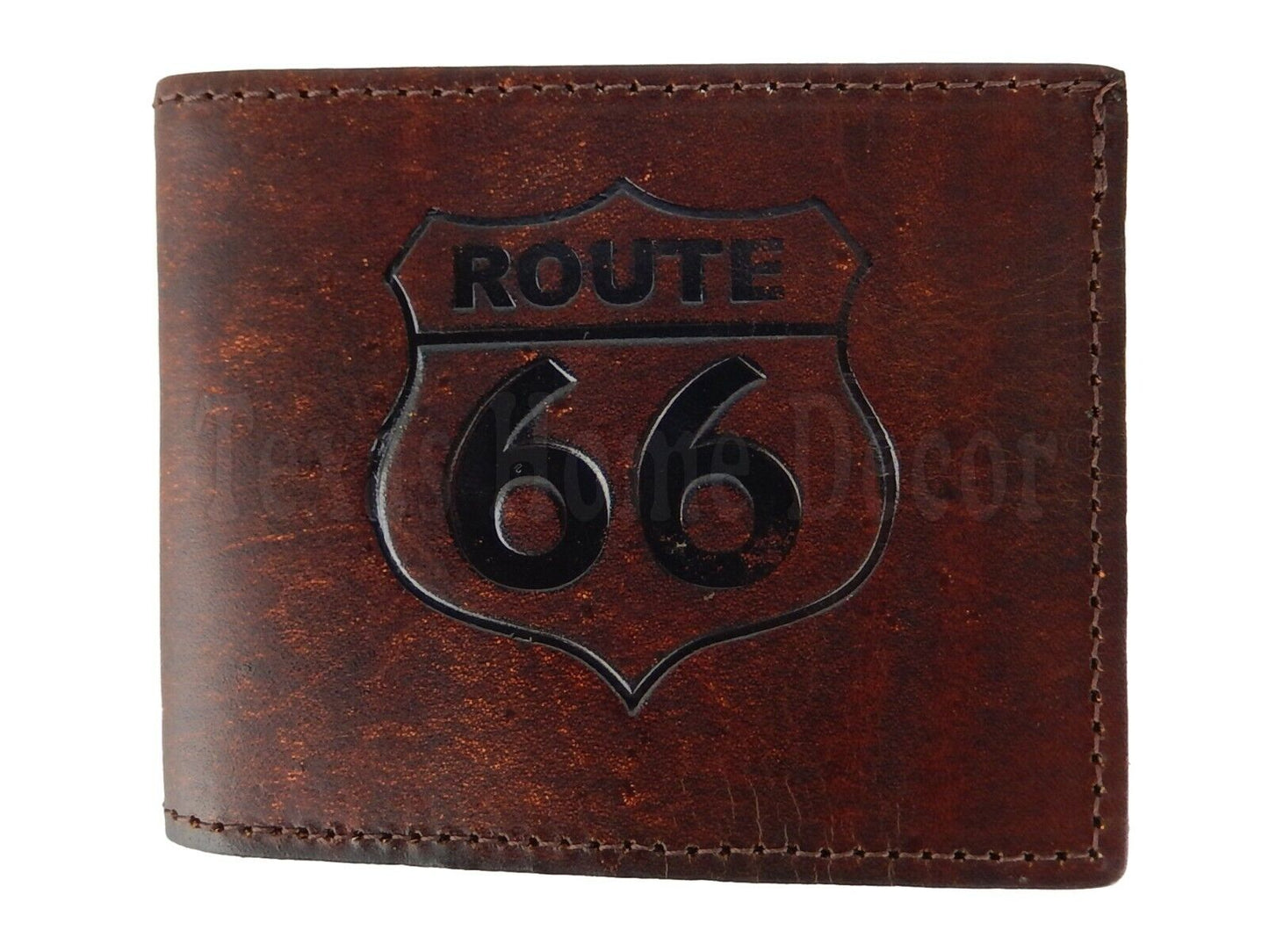 Route 66 Wallet Bi-Fold Genuine Brown Tooled Leather Made in USA