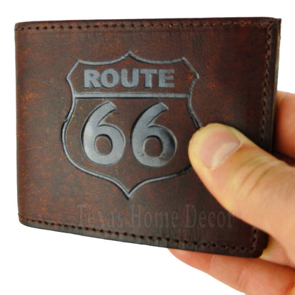 Route 66 Wallet Bi-Fold Genuine Brown Tooled Leather Made in USA