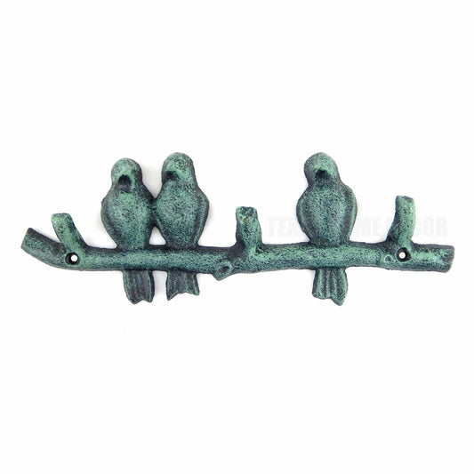 Perched Birds On Branch Wall Hook Rack Cast Iron Coat Towel Key Hanger Green