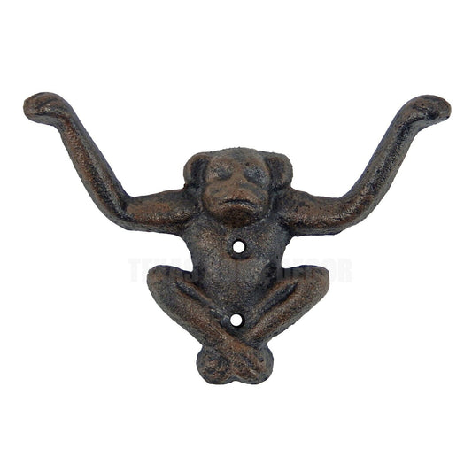 Monkey Double Wall Hook Cast Iron Coat Towel Key Hanger Antique Style Dark Brown