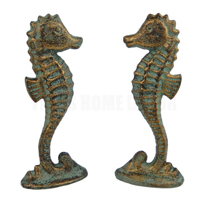 2 Seahorse Figurines Tabletop Statues Verdigris Patina Nautical Decor Cast Iron